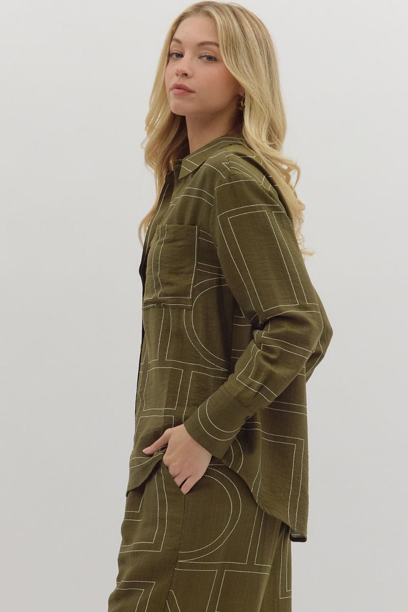 Abstract Pattern Collar Button Top Olive