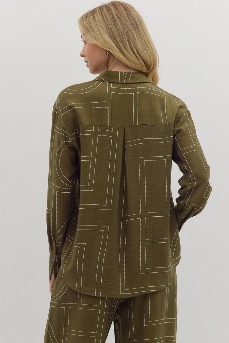 Abstract Pattern Collar Button Top Olive