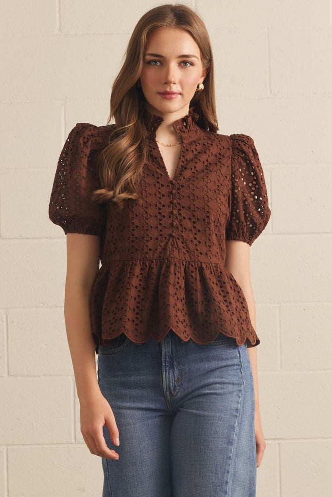 Eyelet Embroidery Short Puff Sleeve Top Brown - Southern Fashion