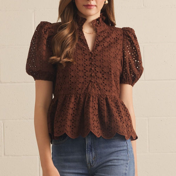 Eyelet Embroidery Short Puff Sleeve Top Brown - Southern Fashion