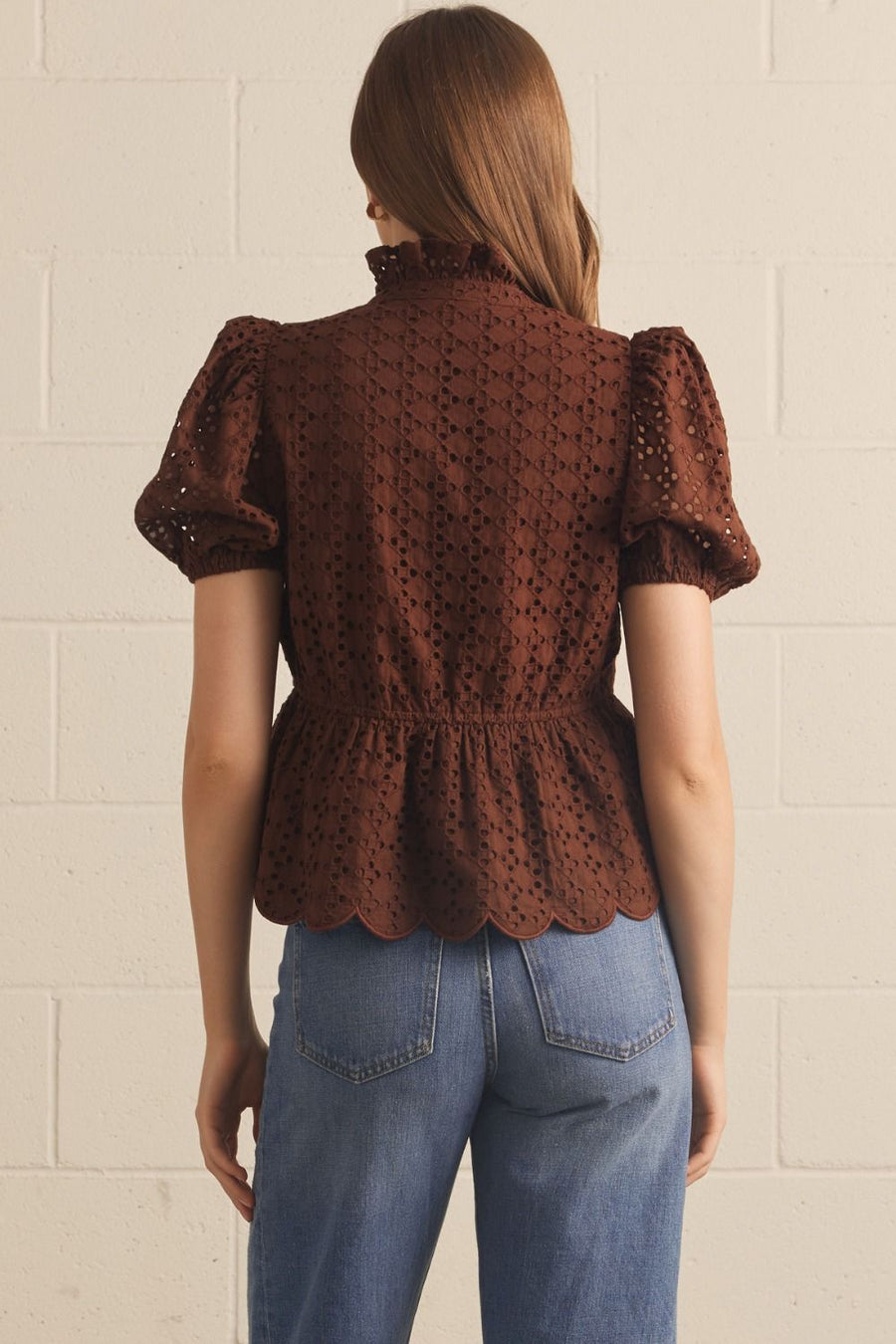 Eyelet Embroidery Short Puff Sleeve Top Brown - Southern Fashion