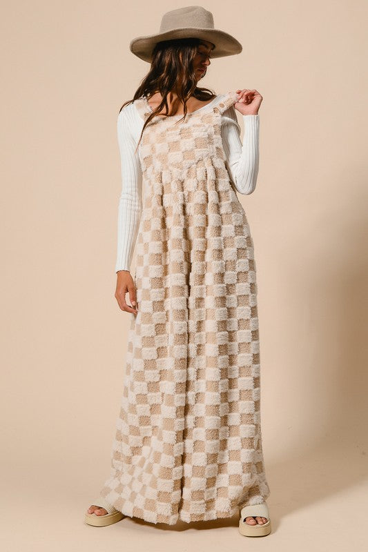 Checker Sherpa Wide Leg Overalls Ivory