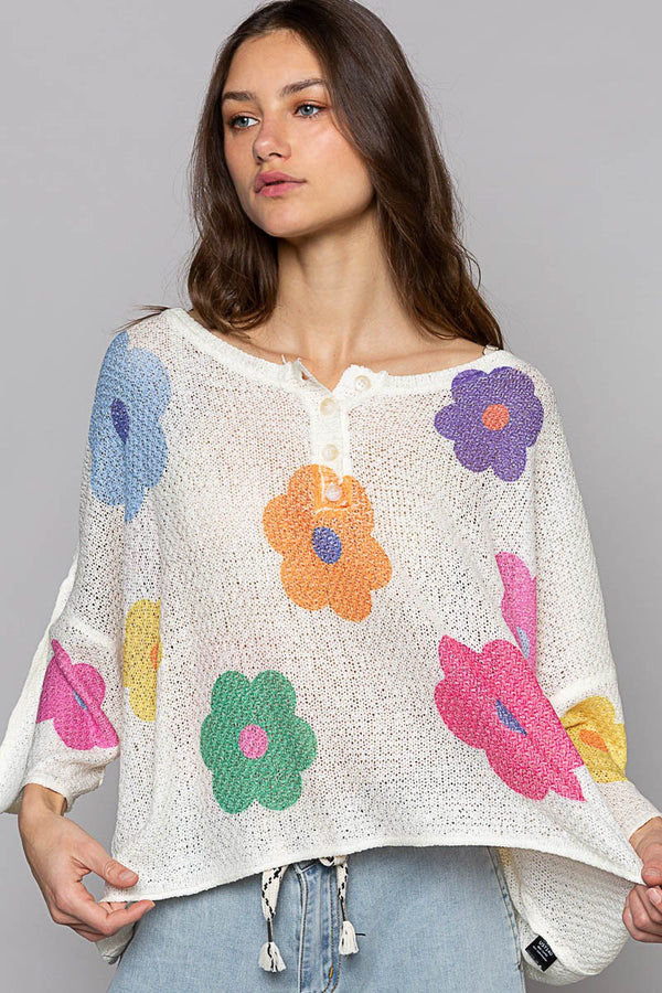 Rib Placket Flower Print Lightweight Sweater Ivory