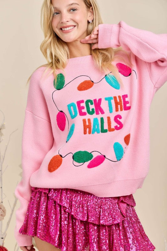 Deck The Halls Christmas Sweater Pink