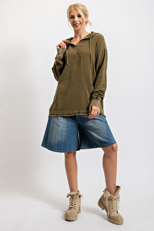 Washed Cotton Gauze Pullover Hoodie Olive