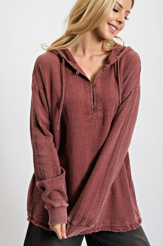 Washed Cotton Gauze Pullover Hoodie Plum