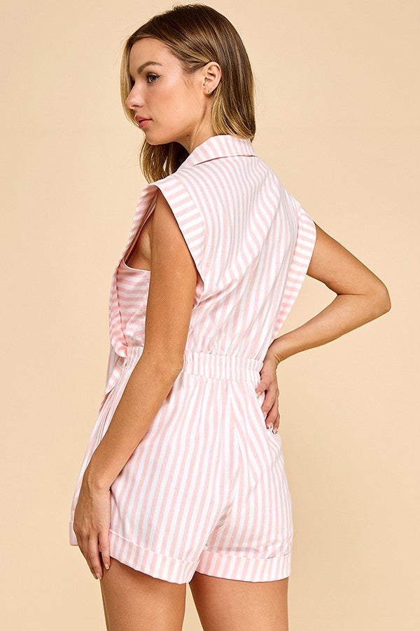 Blazer Style Striped Romper White/Pink - Southern Fashion Boutique
