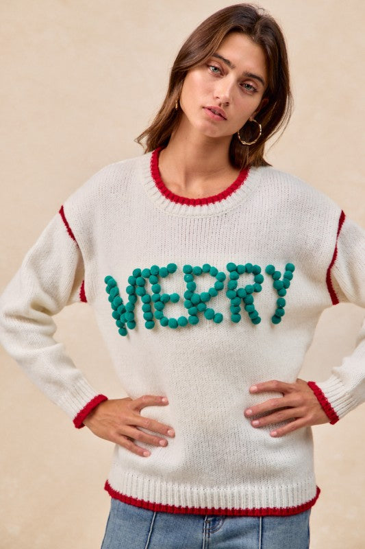 Christmas Pompom LatterMerry Sweater Top Ivory