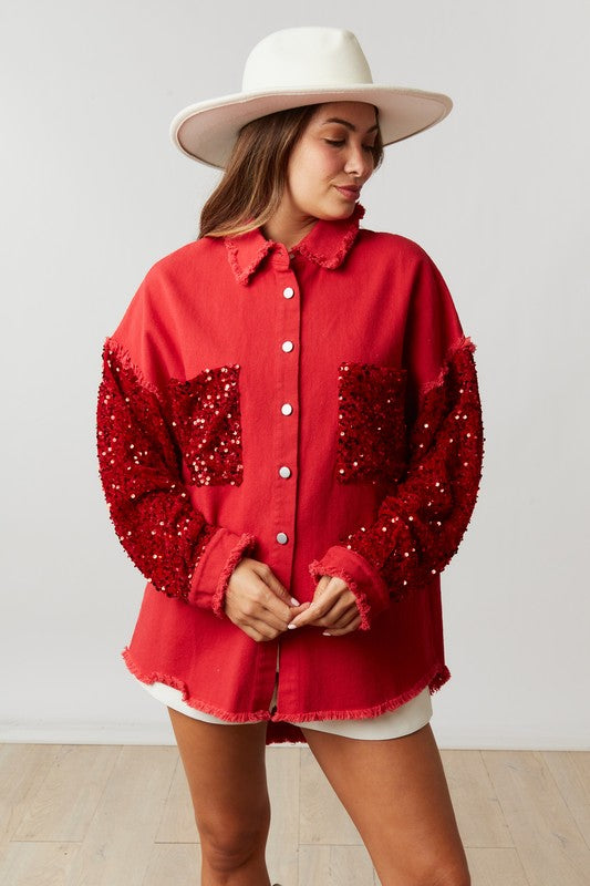 Sequin Color Block Twill Shacket Red