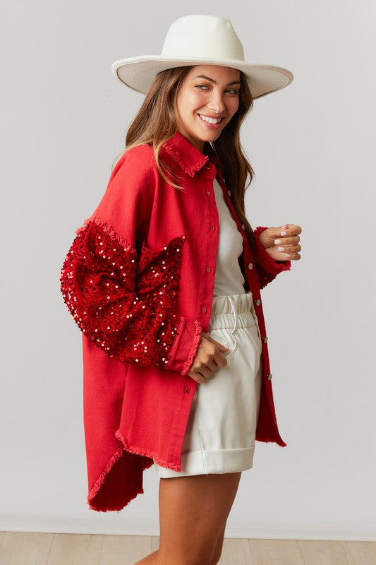 Sequin Color Block Twill Shacket Red