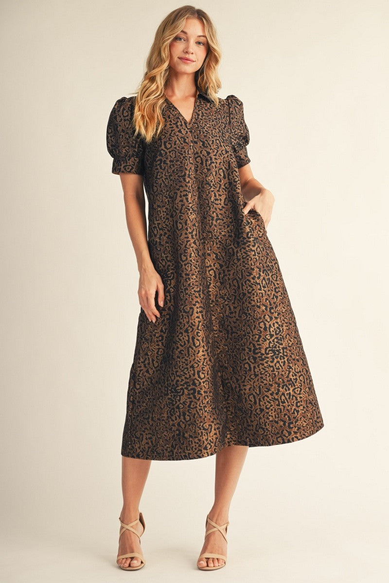 Puff Sleeves Leopard Midi Dress Animal