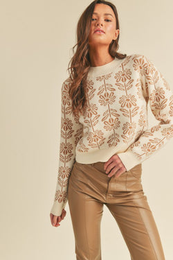 Floral Pattern Knit Sweater Beige Taupe
