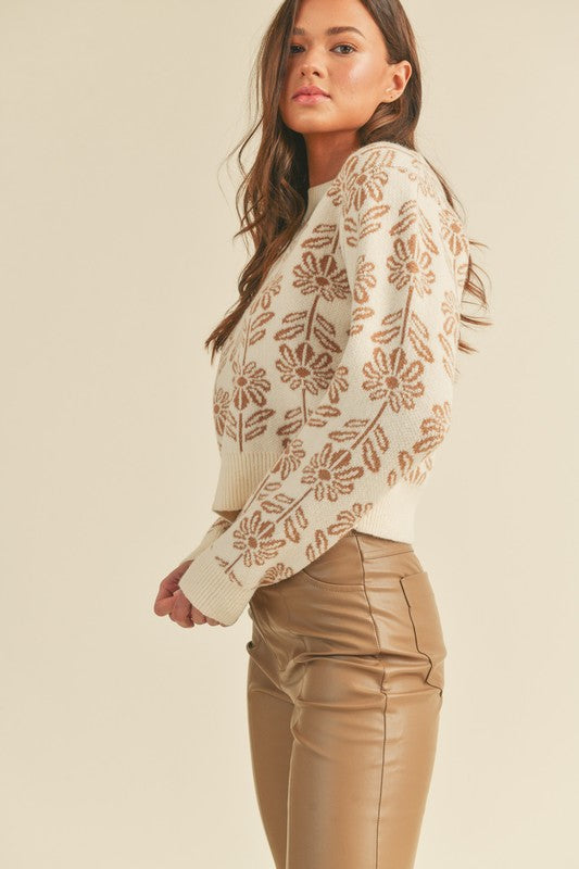 Floral Pattern Knit Sweater Beige Taupe