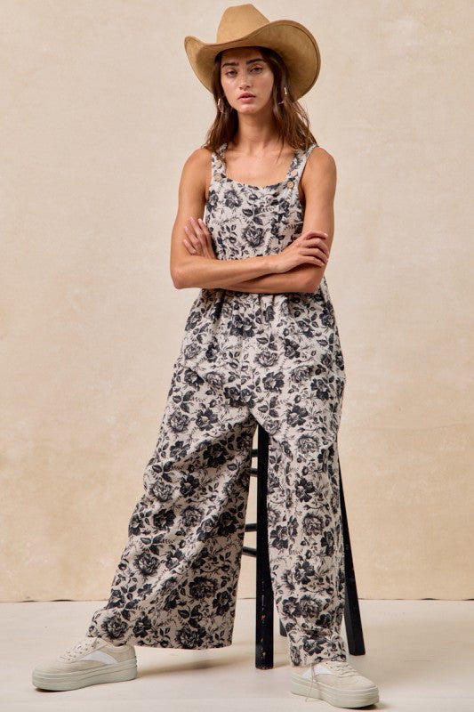 Washed Rose Print Denim Overalls Grey/Black