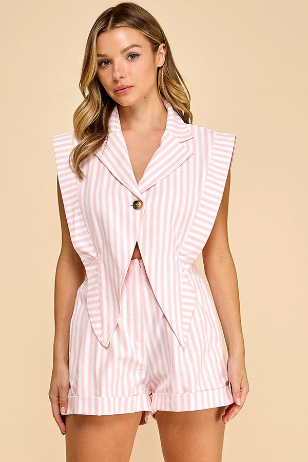 BLAZER PLAYFUL ROMPERS　 ameri vintage Blazer Style Striped Romper White/Pink - Southern Fashion Boutique