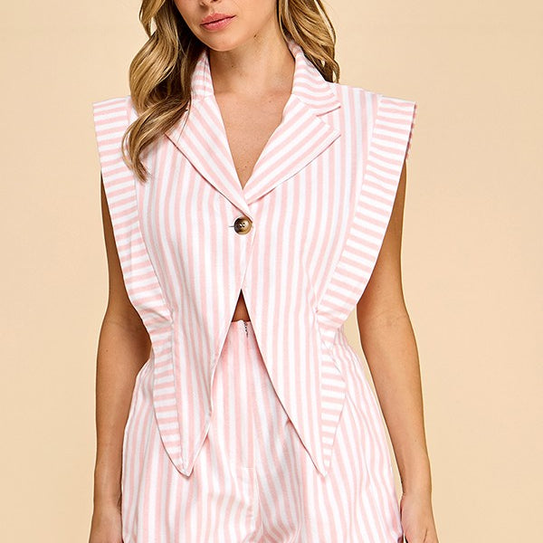 Blazer Style Striped Romper White/Pink - Southern Fashion Boutique