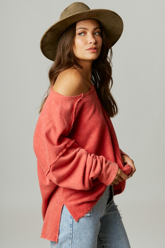 Washed French Terry Loose Fit Top Red