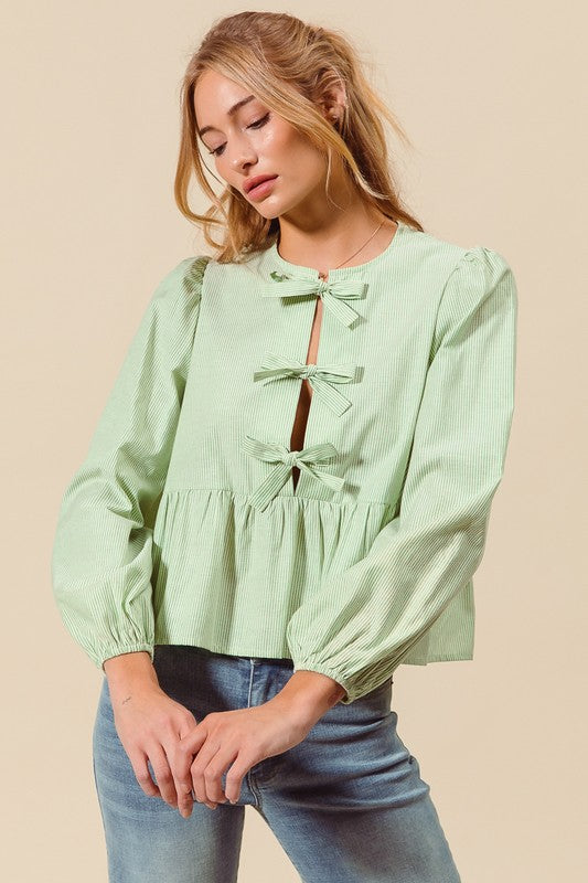 Pin Stripe Bow Ribbon Front Top Green