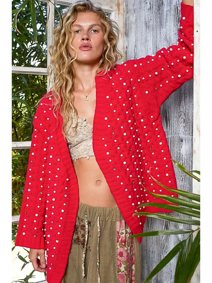 Pearl Chenille Cardigan Cherry Red