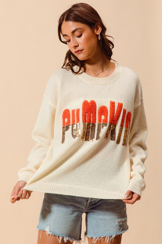 Sequin Pumpkin Slogan Sweater Top Oatmeal