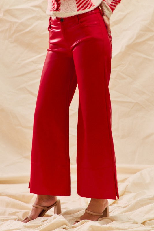Christmas Wide Faux Leather Pants Red