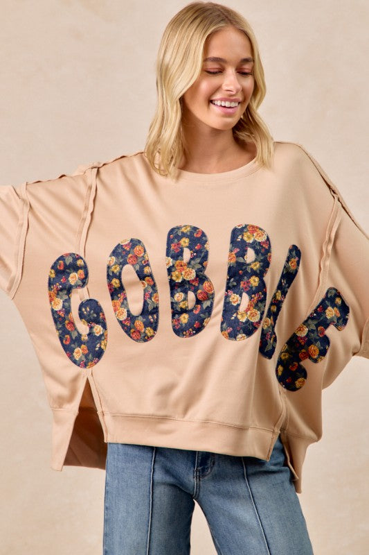 Thanksgiving Gobble Letter Patches Top Latte