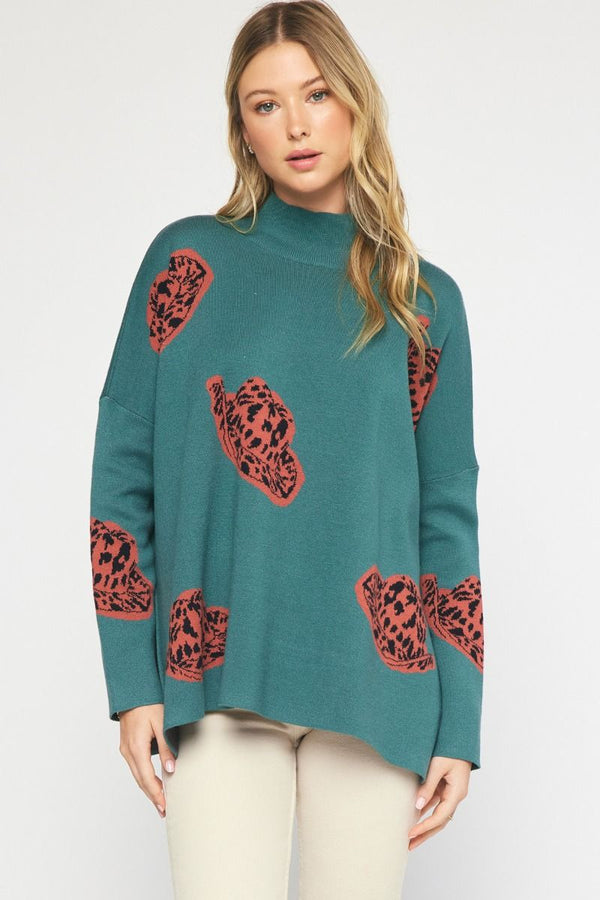 Cowboy Hat Mock Neck Sweater Forest