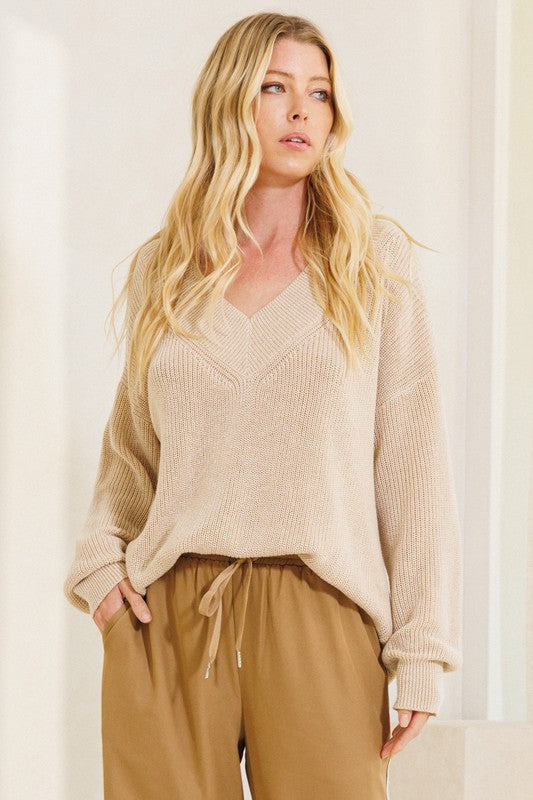 Ribbed V-Neck Loose Tunic Sweater Taupe