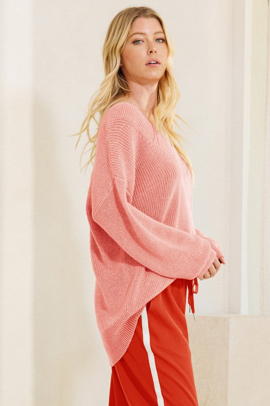 Ribbed V-Neck Loose Tunic Sweater Coral Pink