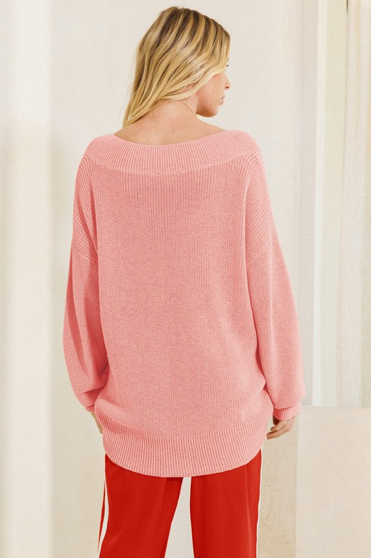 Ribbed V-Neck Loose Tunic Sweater Coral Pink