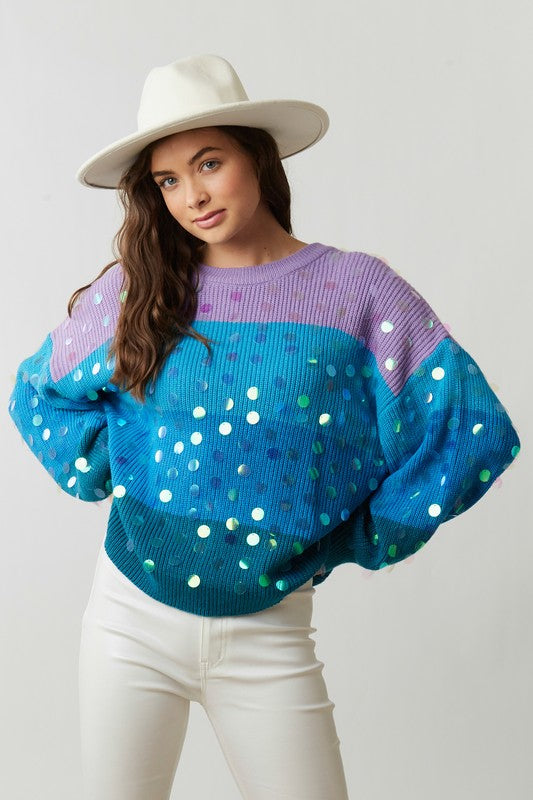 Sequin Color Block Sweater Blue Multi