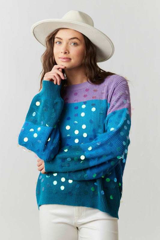 Sequin Color Block Sweater Blue Multi