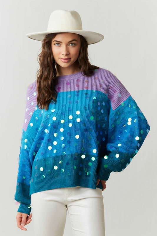 Sequin Color Block Sweater Blue Multi