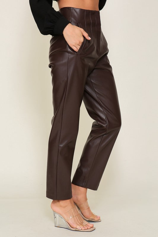 High Waist Faux Leather Pants Brown