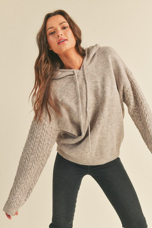 Cable Knit Sleeve Hoodie Pullover Mocha