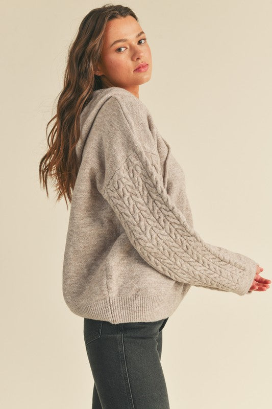 Cable Knit Sleeve Hoodie Pullover Mocha