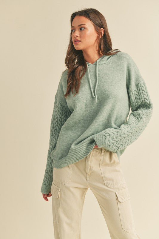 Cable Knit Sleeve Hoodie Pullover Sage