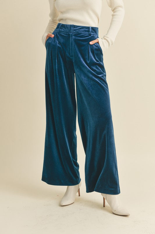 Wide Leg Velvet Pants Teal Blue - Southern Fashion Boutique Bliss