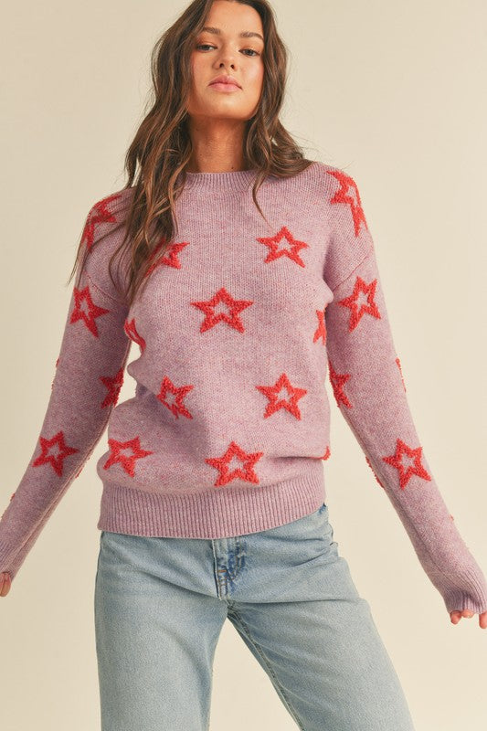 Fuzzy Star Textured Sweater Lavender Red