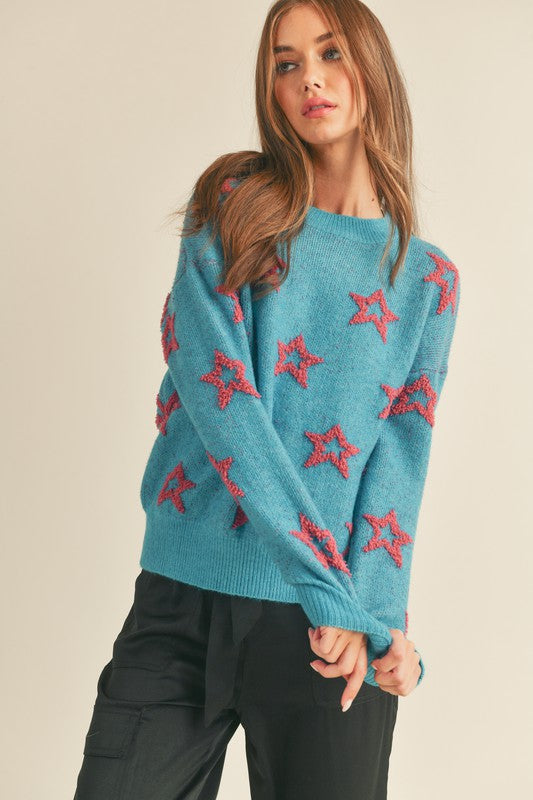 Fuzzy Star Textured Sweater Vividblue Berry