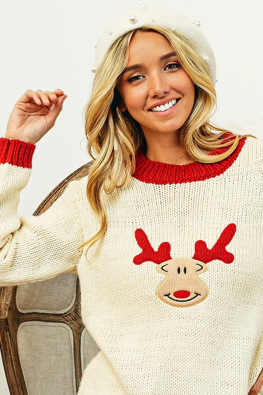 Rudolph Embroidered Christmas Sweater Ivory