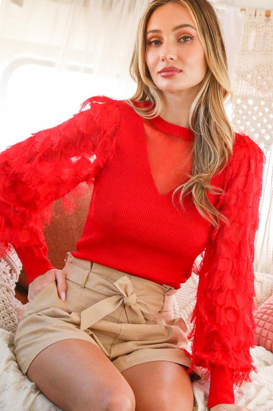 Lace Contrast Sweater Top Red