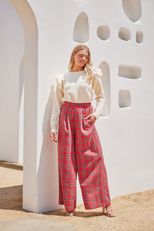 Christmas Check Print Wide Pants Red - Southern Fashion Boutique Bliss