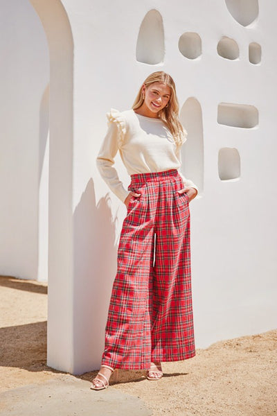 Christmas Check Print Wide Pants Red - Southern Fashion Boutique Bliss