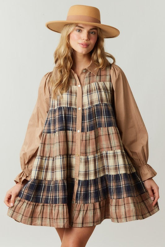 color block shirt dress Plaid Color Block Shirt Dress Taupe