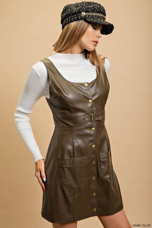 Faux Leather Fit Dress Dark Olive