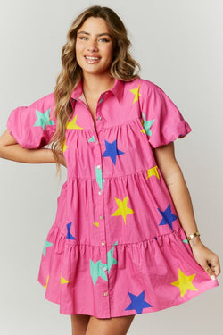 Star Print Poplin Shirt Dress Fuchsia