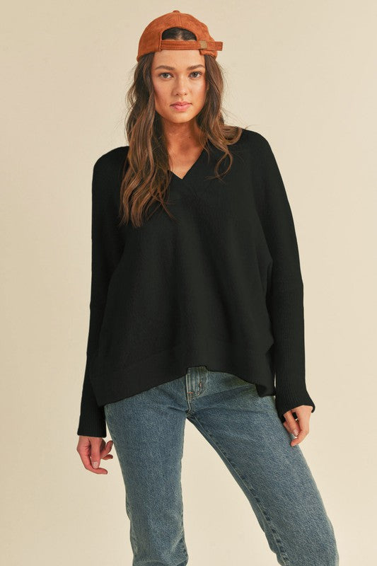 Oversized V-Neck Sweater Top Black