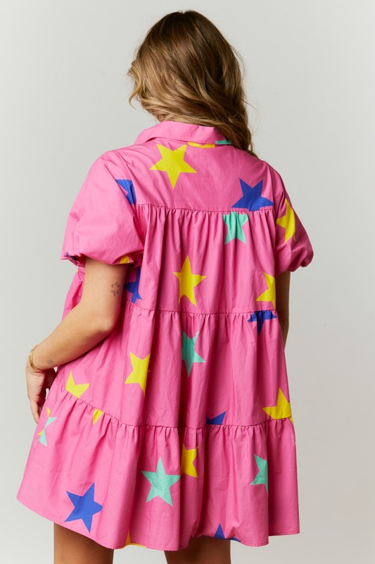 Star Print Poplin Shirt Dress Fuchsia
