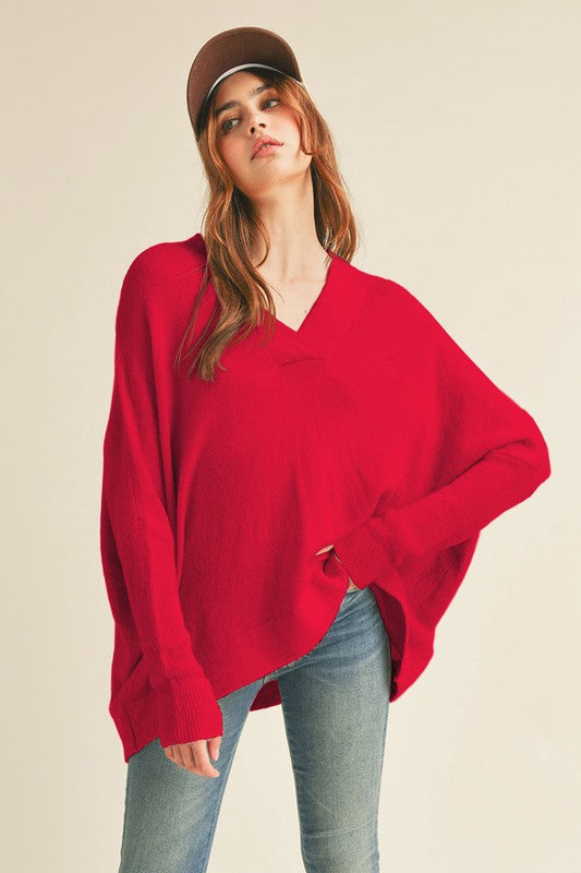 Oversized V-Neck Sweater Top Red Southern Fashion Boutique Bliss
